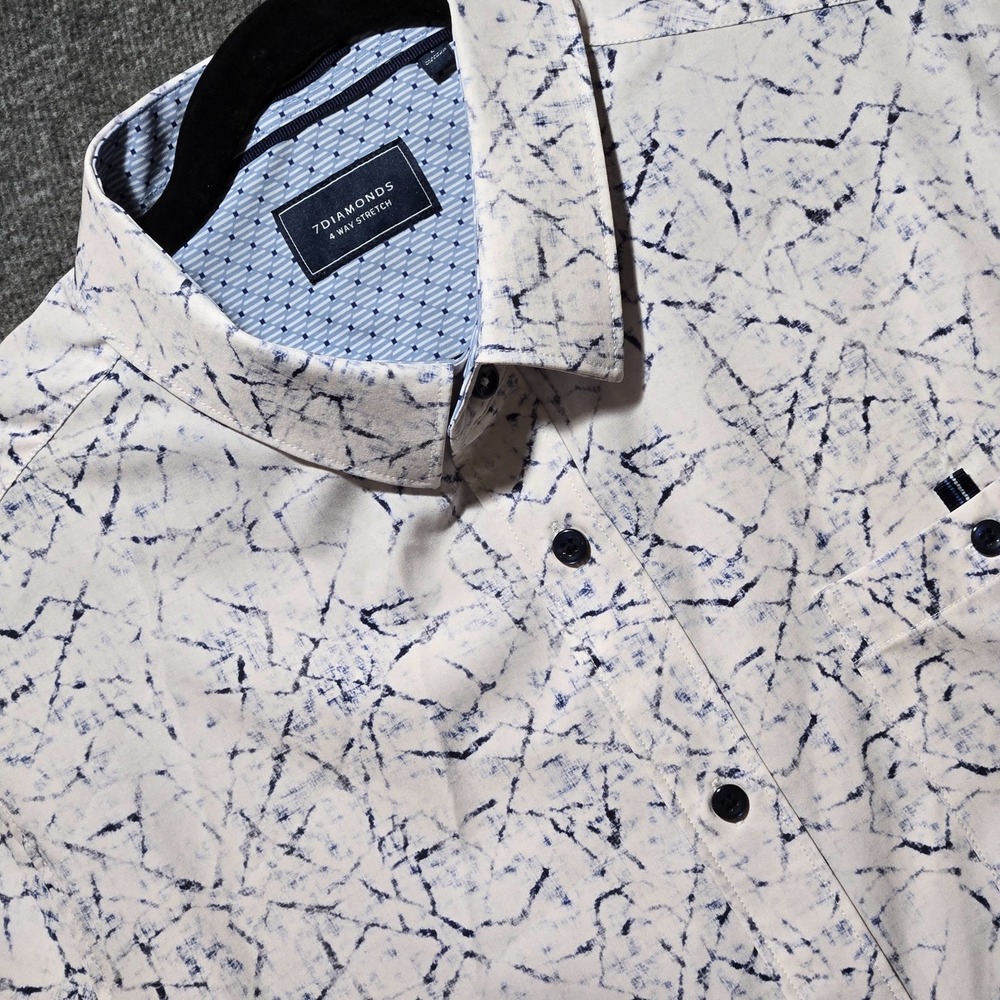 7 Diamonds Shirt Mens Large Blue White Geometric 4 Way Stretch Button Up Casual